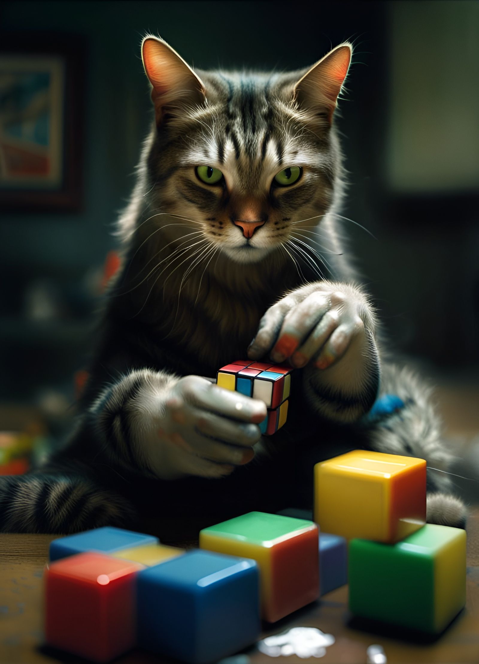 Eighties Cat is trying to solve the "Rubik's Cube".