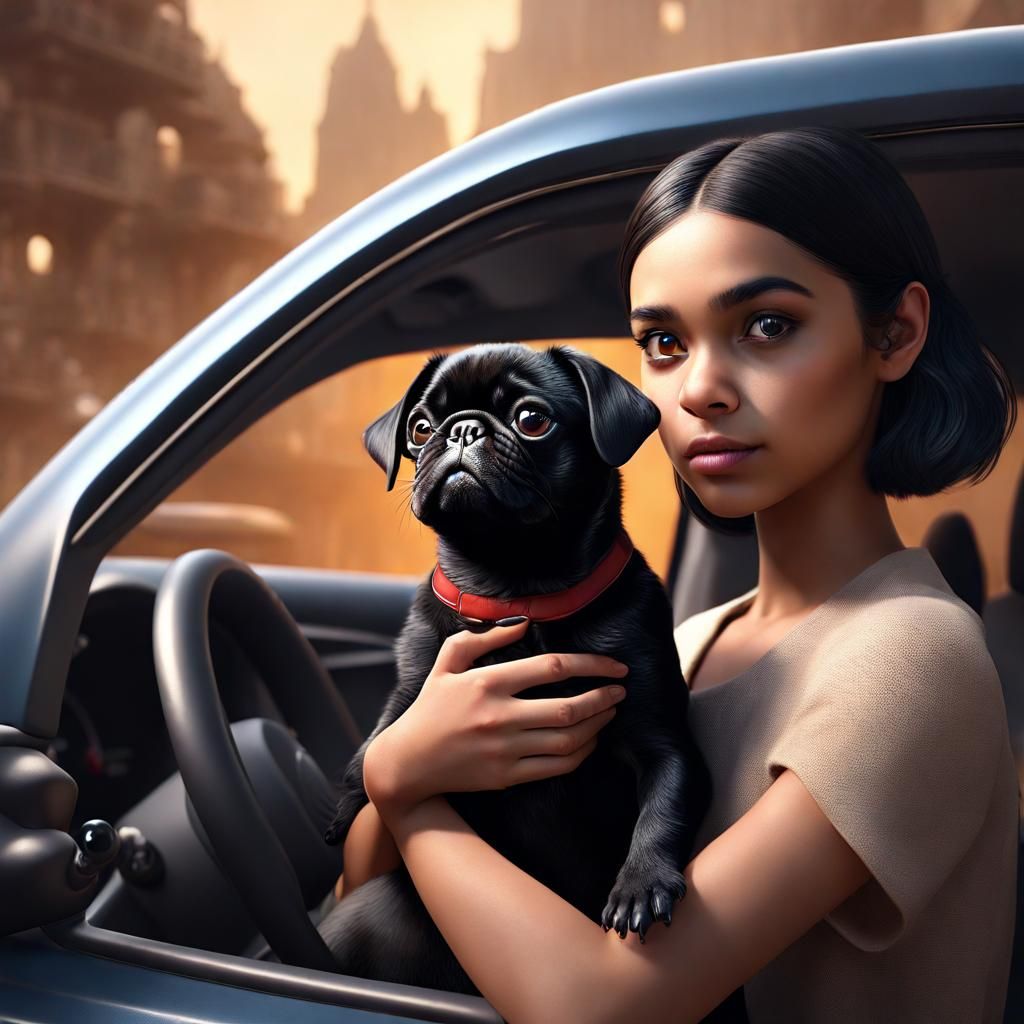 Girl with Pug Puppy in Car: Fantasy Art
