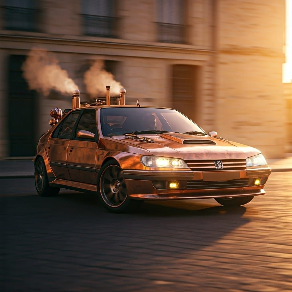 Elegant Steampunk Supercar Speeds Through Sun-Drenched Stree...