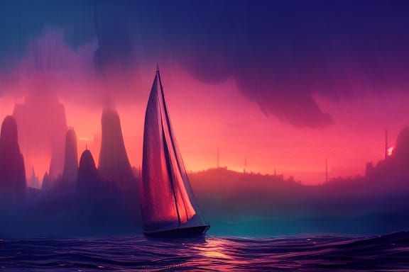 Sunset Sailboat: Detailed Matte Painting in Fantasy Art Styl...