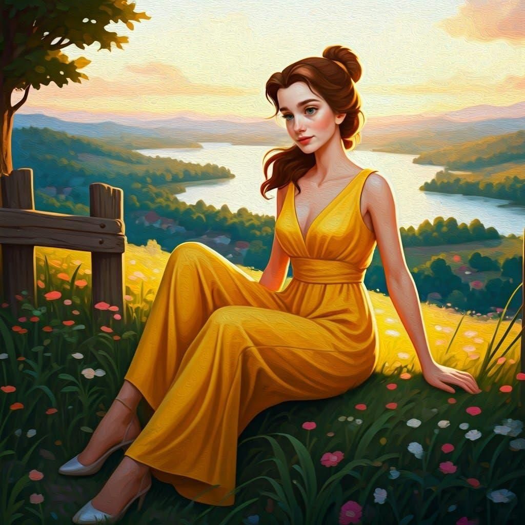 Belle in Yellow Jumpsuit: Digital Oil Painting