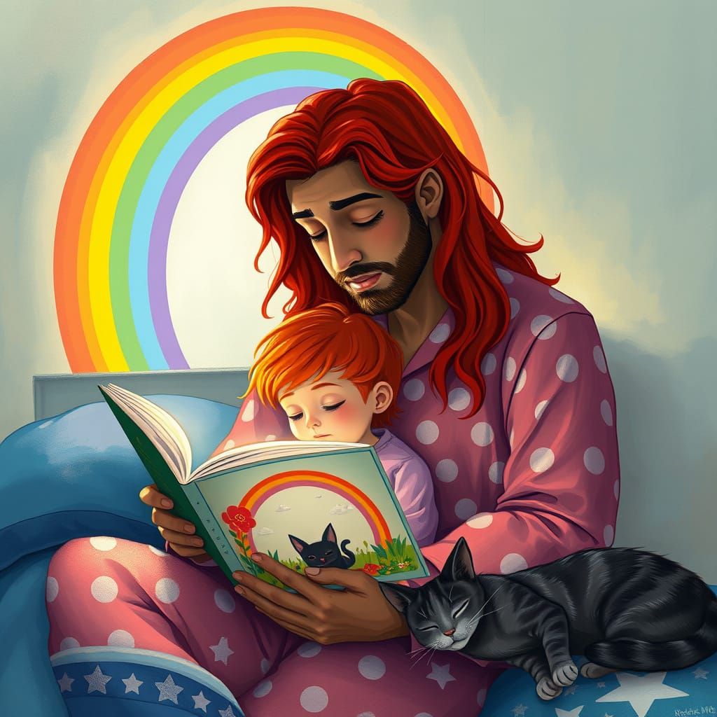 Rainbow Bedtime Story with Red-Haired Father and Child