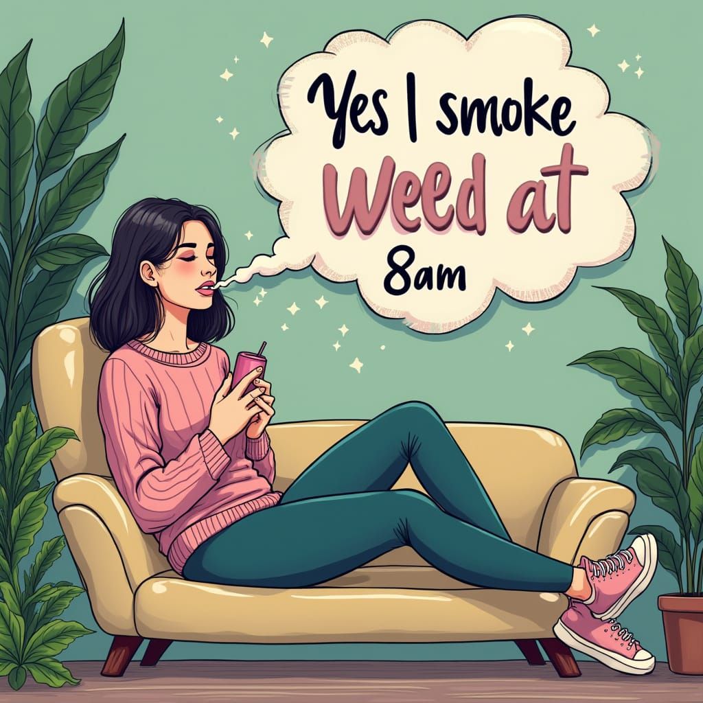 Woman Exhaling Cloud with Playful Cursive Text