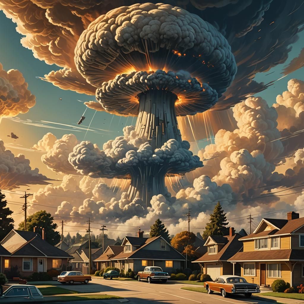 Retro-Futuristic Mushroom Cloud in Golden Light