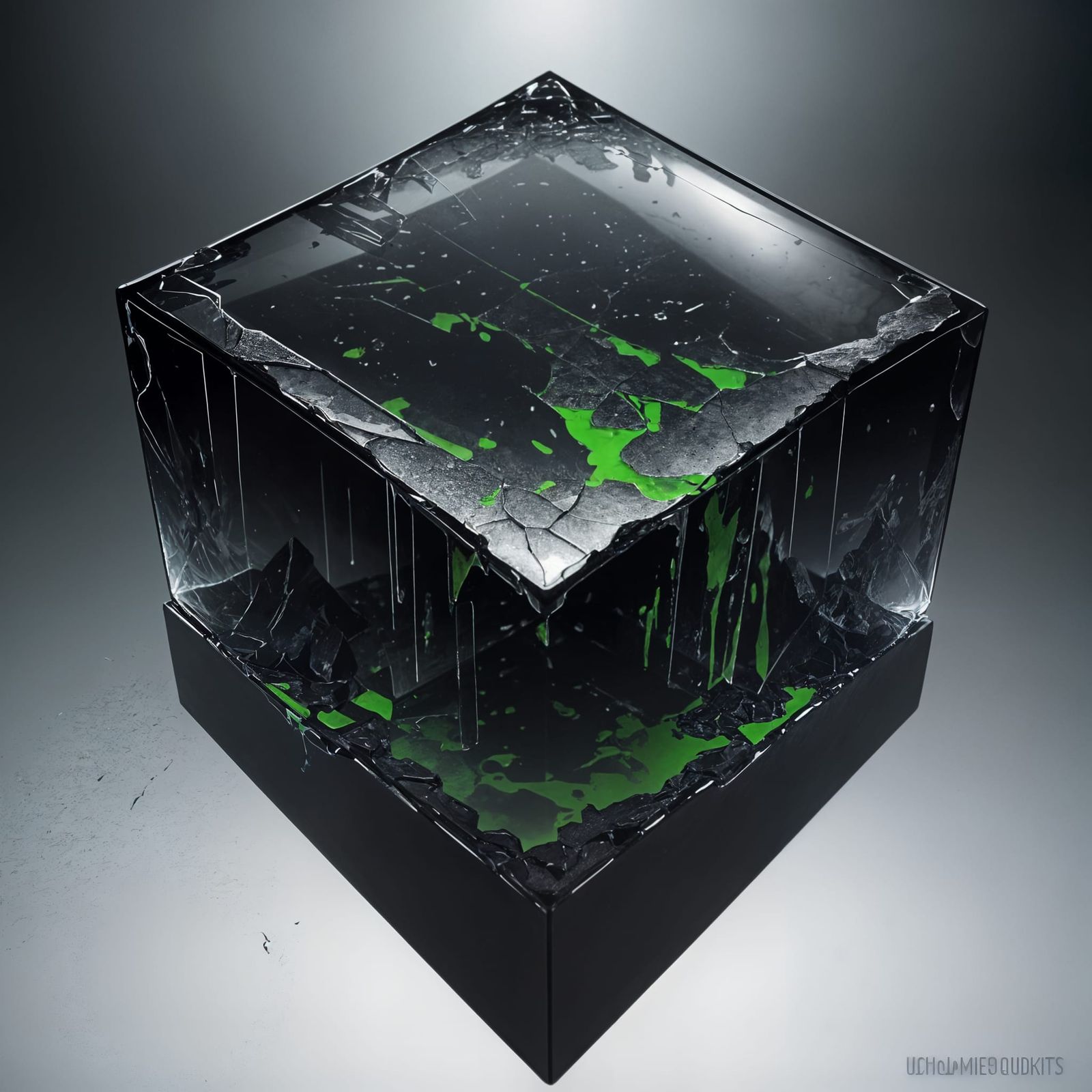 Shattered Glass Cube Leaks Toxic Sludge in a Void