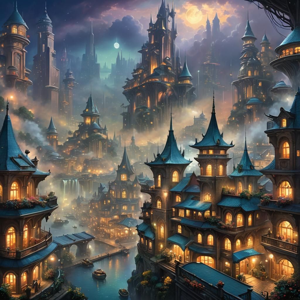 Futuristic Tech City in Ethereal Night Mist