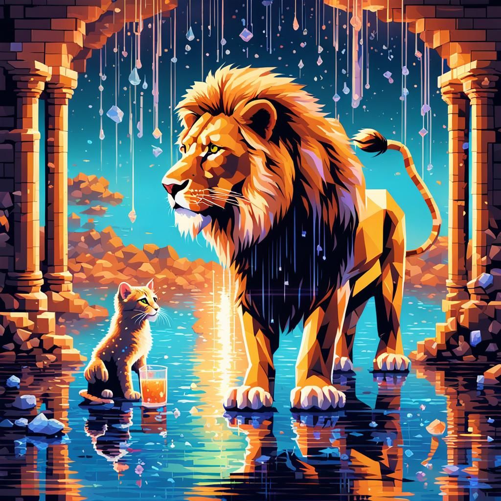 Pixel art. Medium shot. High detailed lion drinking water an...