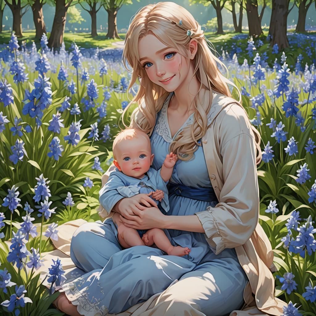 Mother and Children in Bluebell Garden: 3D Anime Art