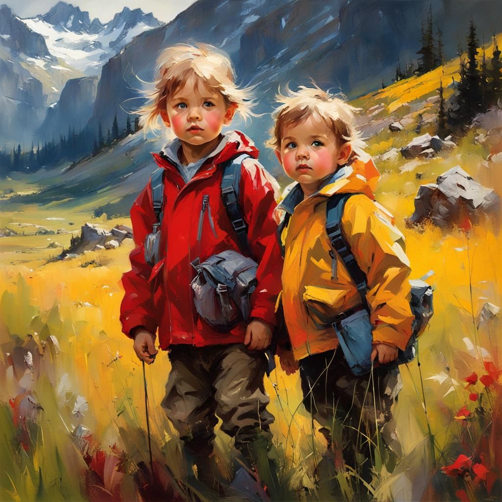 Toddlers in Mountain Meadow: Fine Art Painting