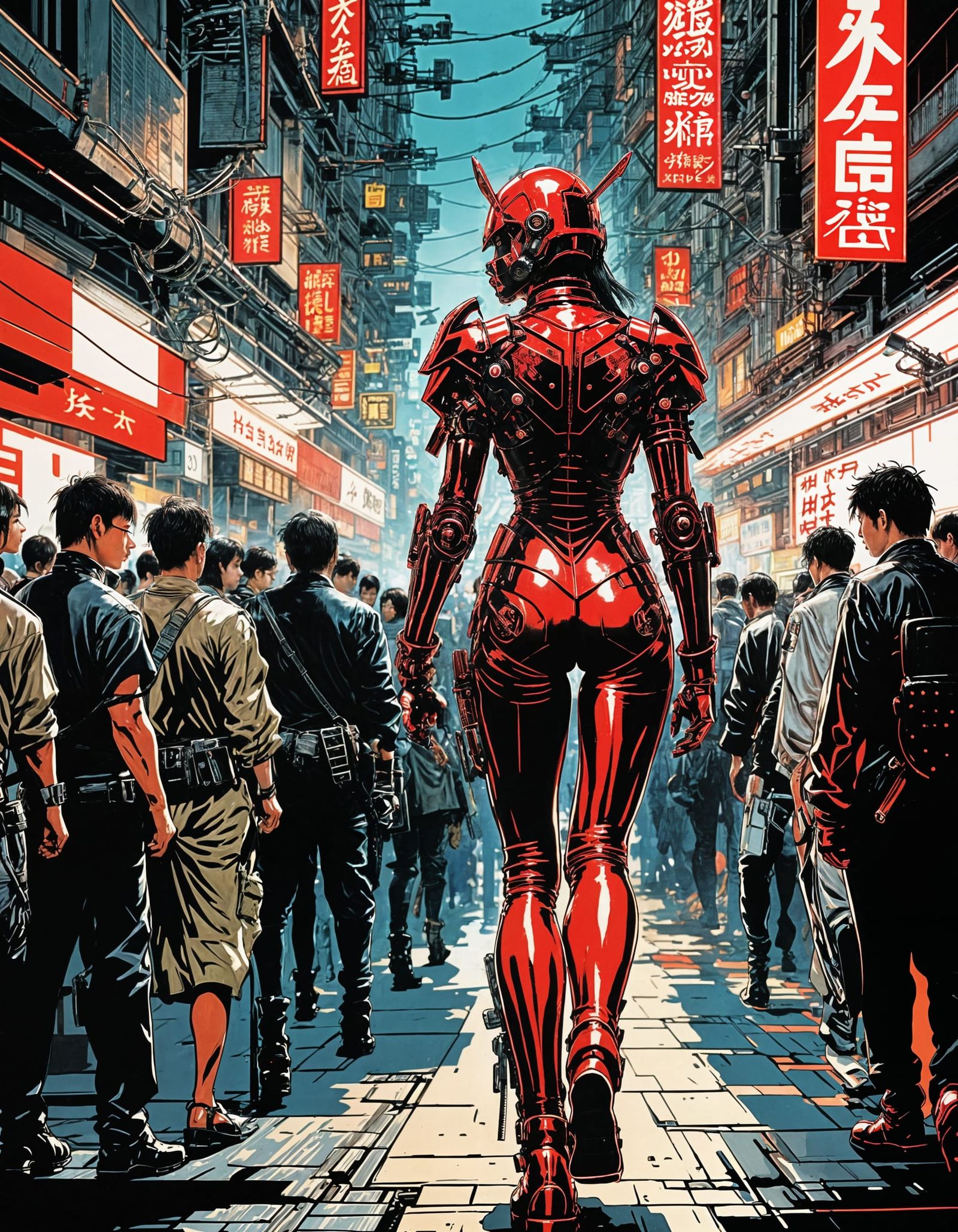 Cyberpunk Knight Woman in Red Catsuit
