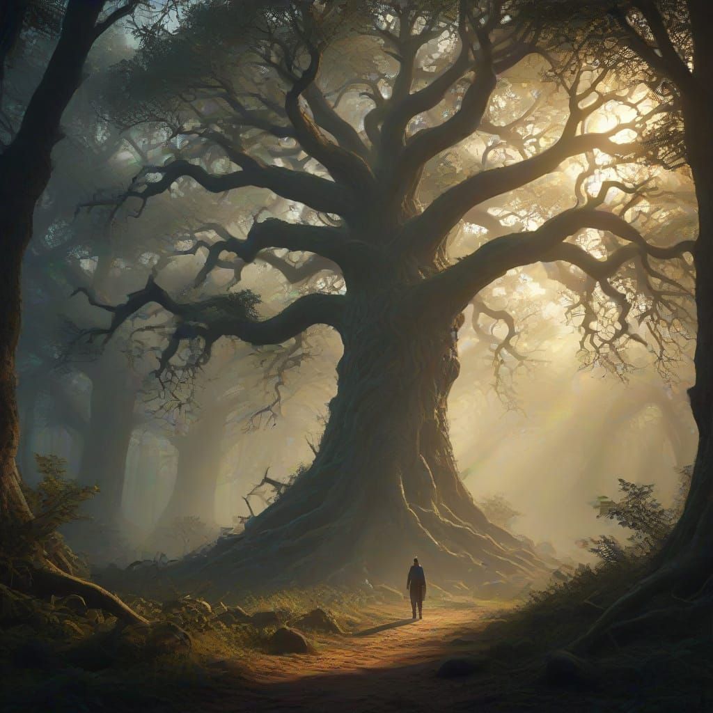 Ancient Forest Path in Ethereal Golden Hour Light