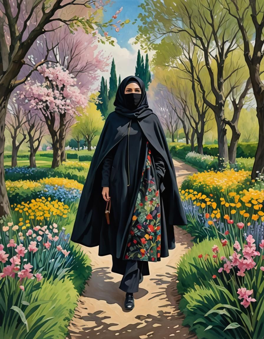 Woman in Niqab Walking Through Spring Landscape