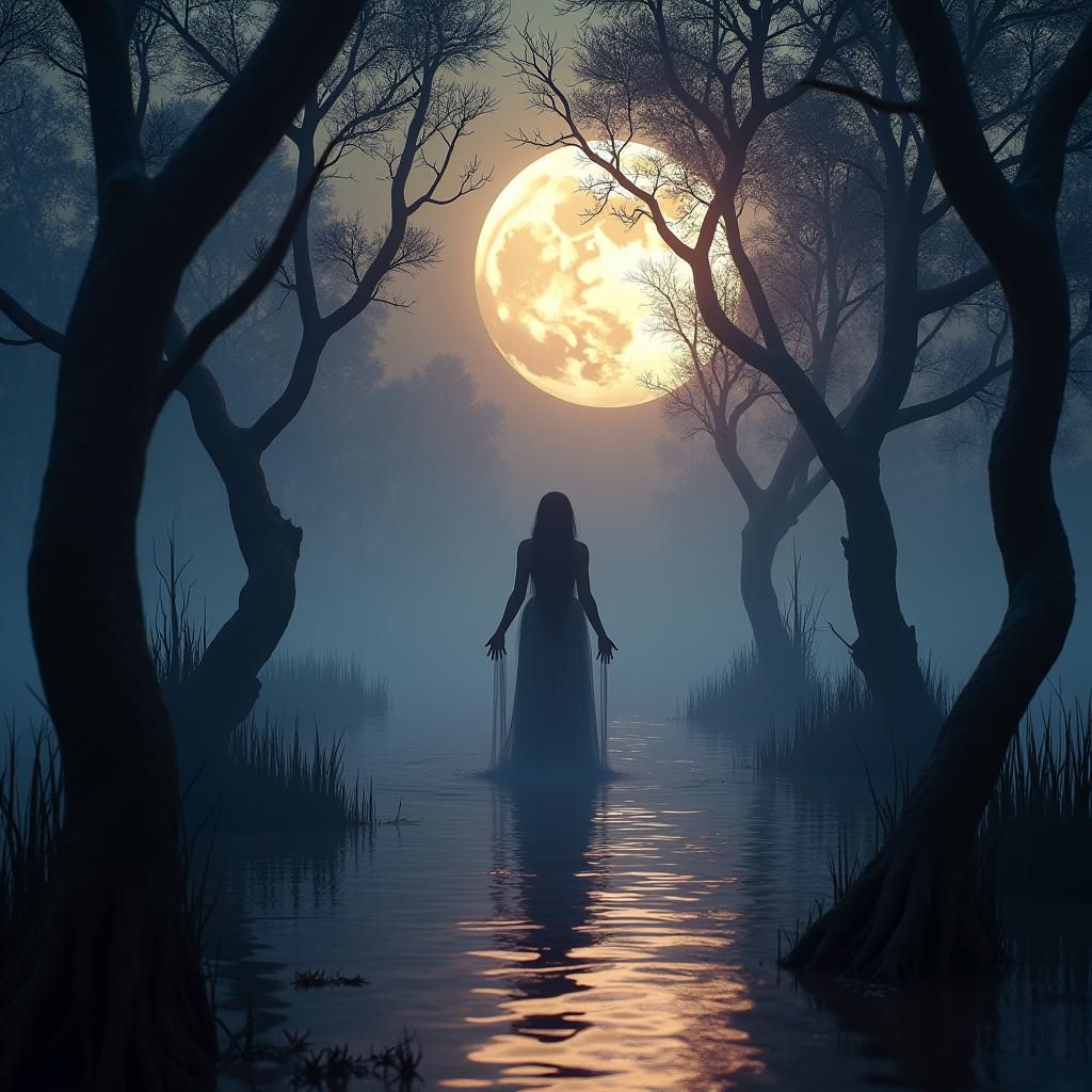 Mystical Woman in Moonlit Everglades: Dark Fantasy Art