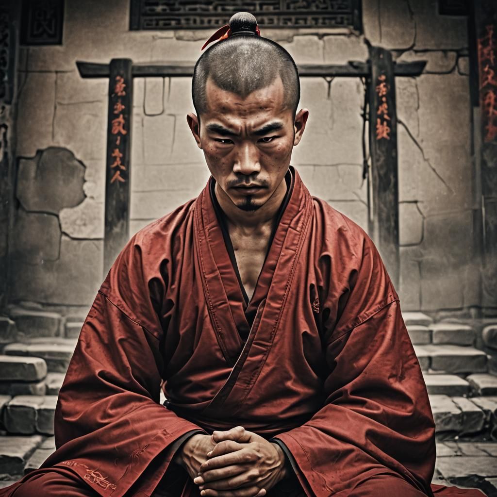 Sad Young Shaolin Monk in Red Robe: Hyperrealistic Image