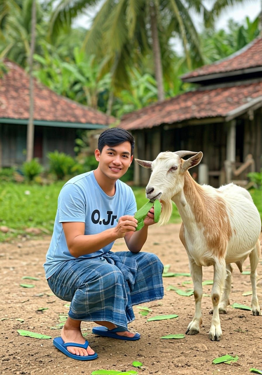 Young Man Feeds Goat in Serene Village Setting