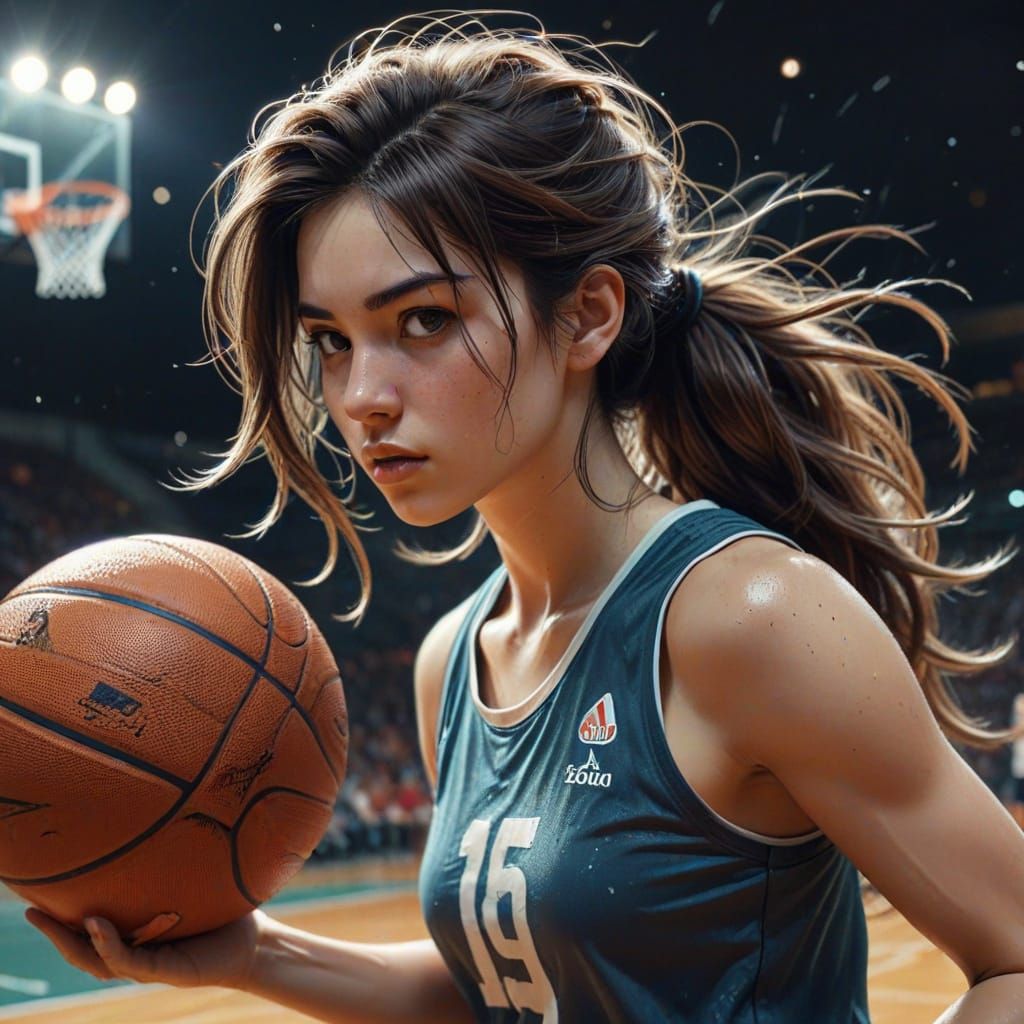 Manga-Style Pencil Sketch of Woman Dribbling Basketball