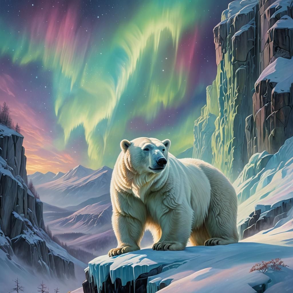 Majestic Polar Bear on Snowy Cliff as Oil Painting
