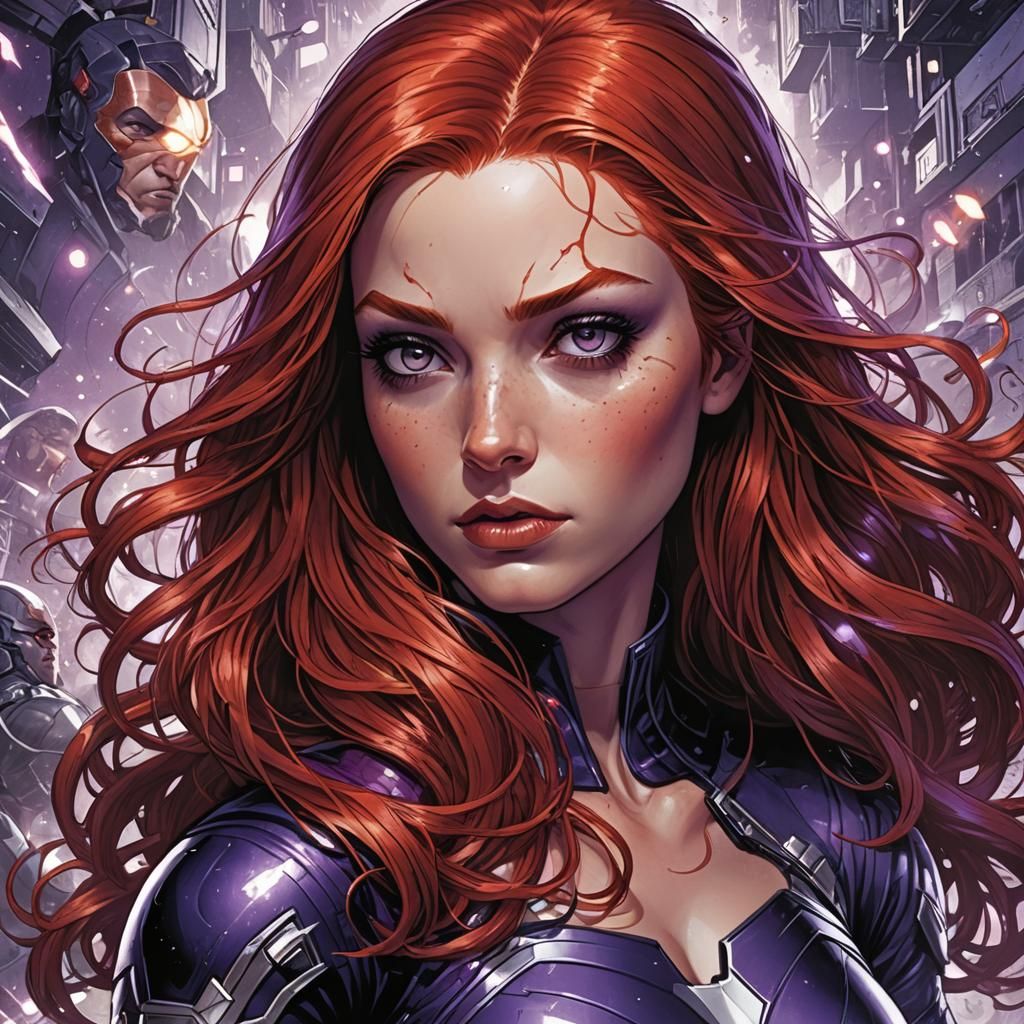 Red-Haired Girl with Purple Eyes in Comic Art