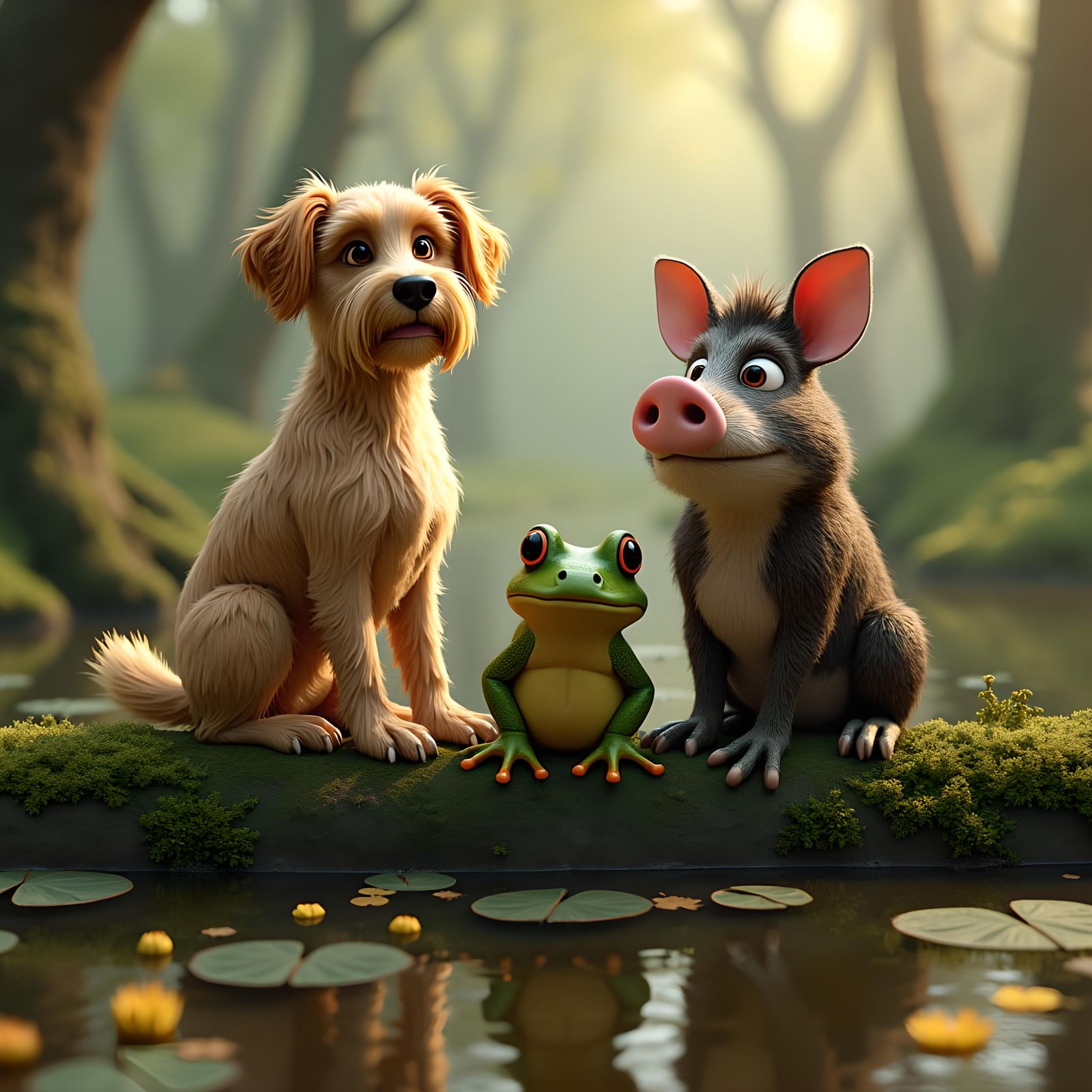 Dog, Frog, and Hog on a Log in CGI