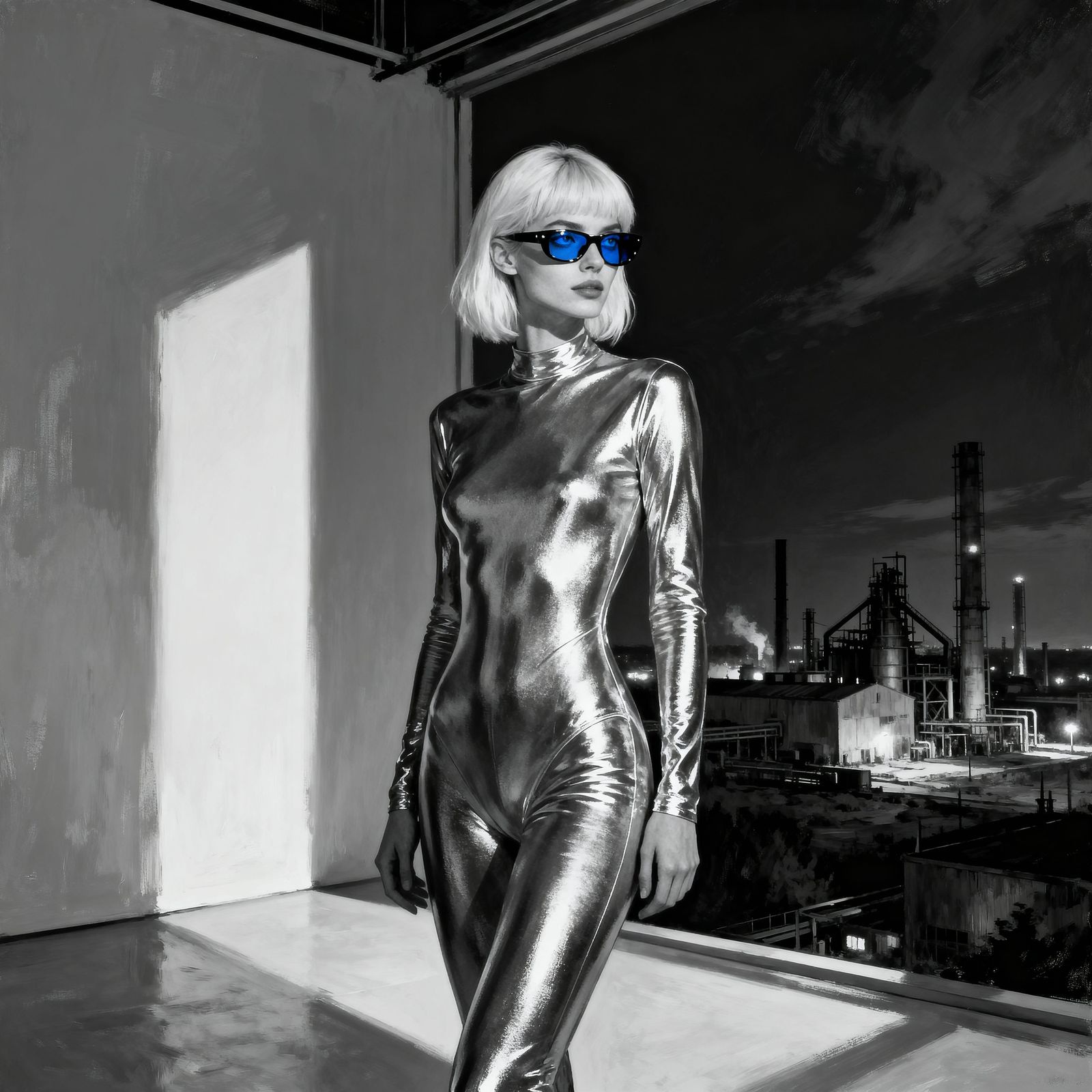 A statuesque woman with platinum blonde hair and piercing bl...