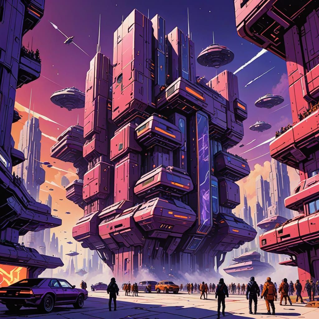 Vibrant Sky-Fortress Concept Art in Retro-Futuristic Style