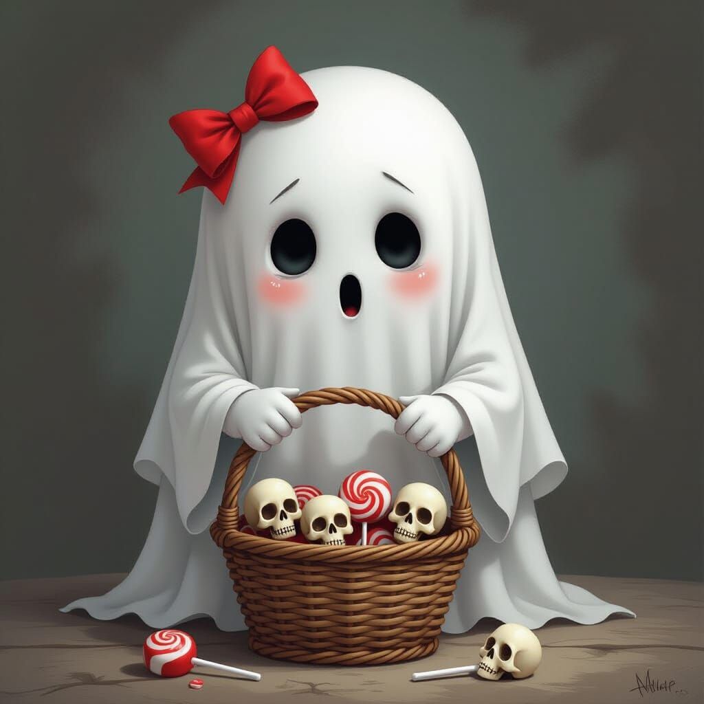 Cute Ghost Girl Holds Basket of Skull Lollipops