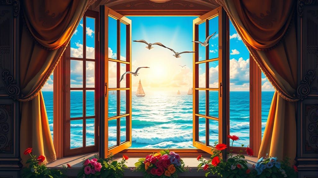 Turquoise Sea View Through Elegant Window