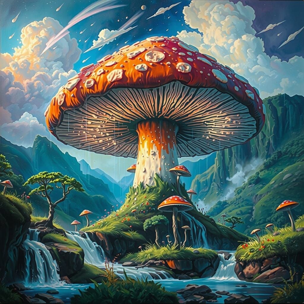 Expressionist Glowing Mushroom in Lush Valley