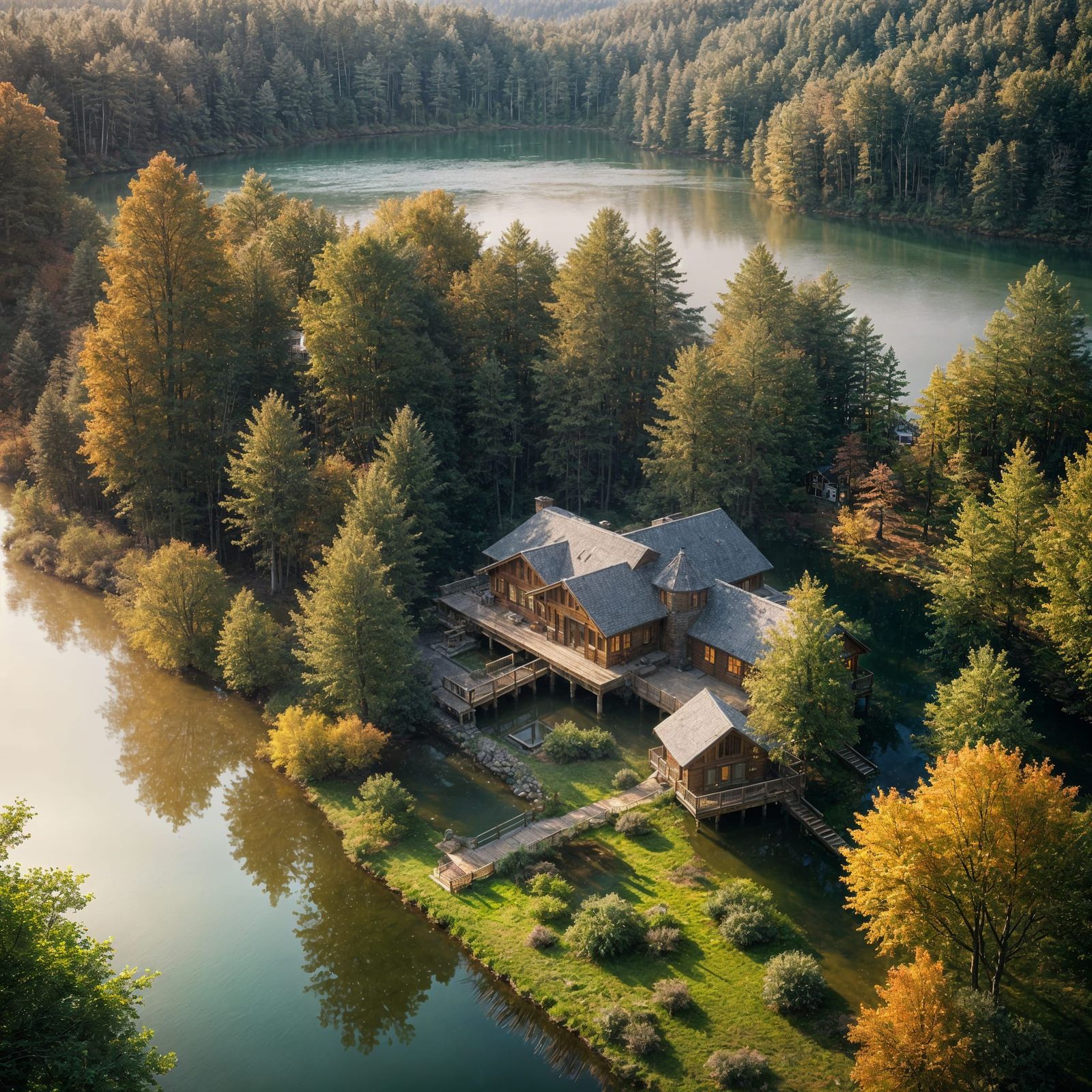 Aerial Lake House in Woods with Golden Light
