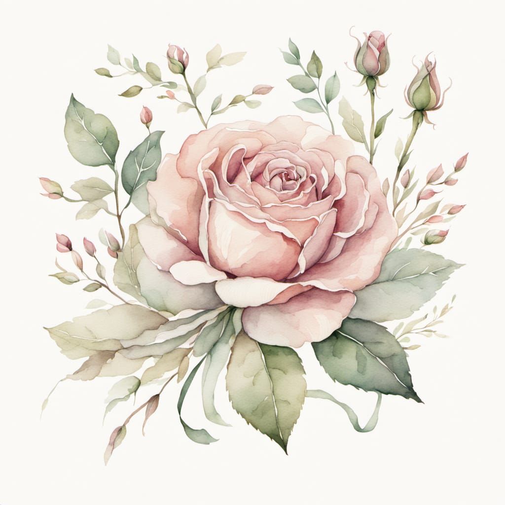 Botanical Watercolor Rose with Ribbon and Delicate Details