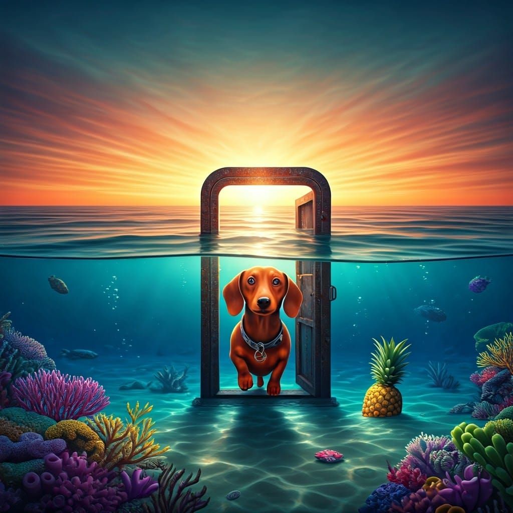 Dachshund's Underwater Adventure in Pixar 3D Style