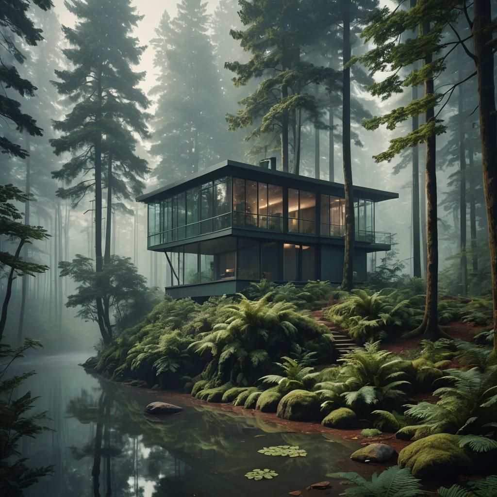 Cabin in Lush Forest: Post-Modern Architecture