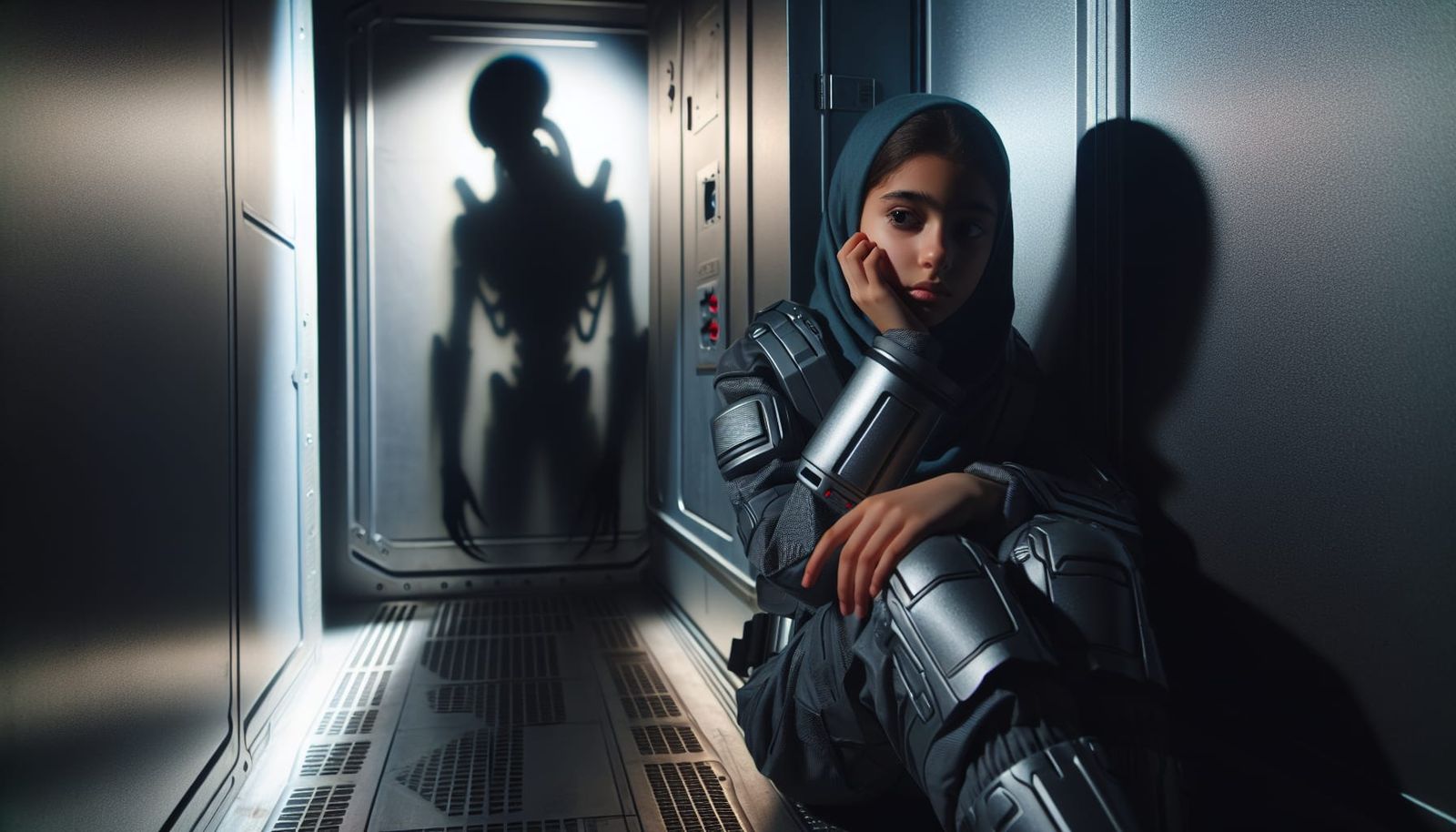 Melancholy Girl on Spaceship with Alien Silhouette