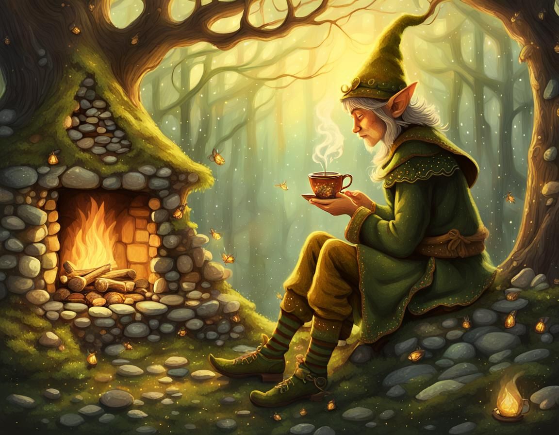 Whimsical Elf by the Firelit Fireplace