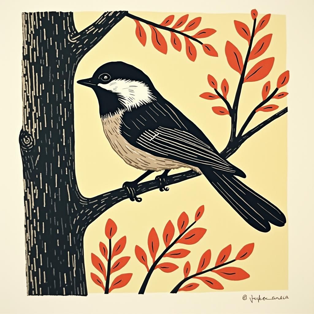 chickadee in a tree. Happy raccoon. woodcut, linocut, relief...