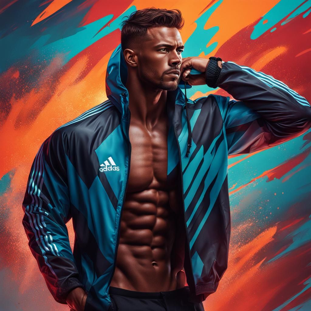 Handsome Man in Adidas Windbreaker, Hyperrealistic Style