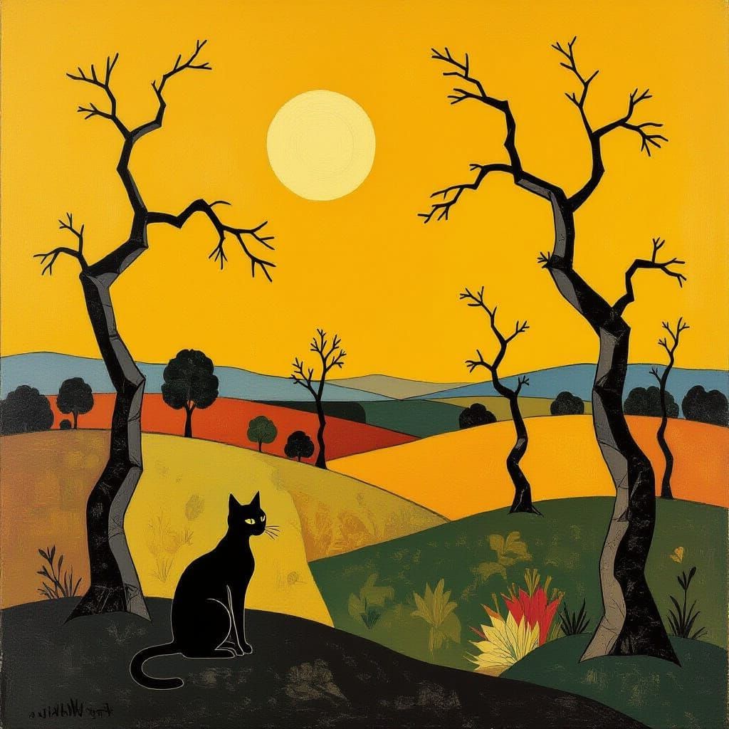 Cats Under a Cadmium Sky in Modigliani Style