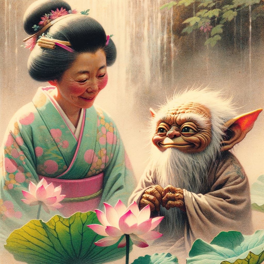 Gremlin Sensei and Woman in Ukiyo-e Style