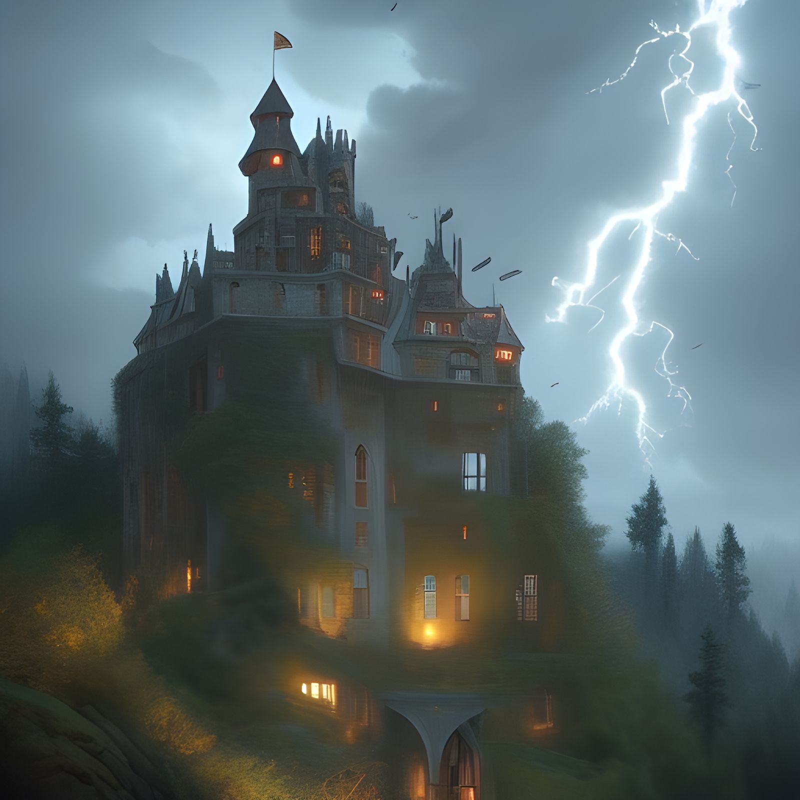 Stormy Castle on Hill: Hyperrealistic Digital Art
