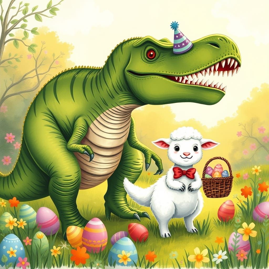 Tyrannosaurus Rex Celebrates Easter in a Whimsical Wonderlan...