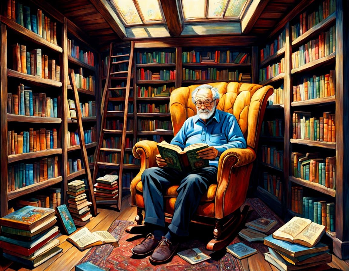 Cozy Book Nook with Old Man in Attic