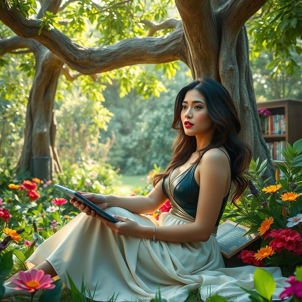Woman in Futuristic Garden Sanctuary with E-Library