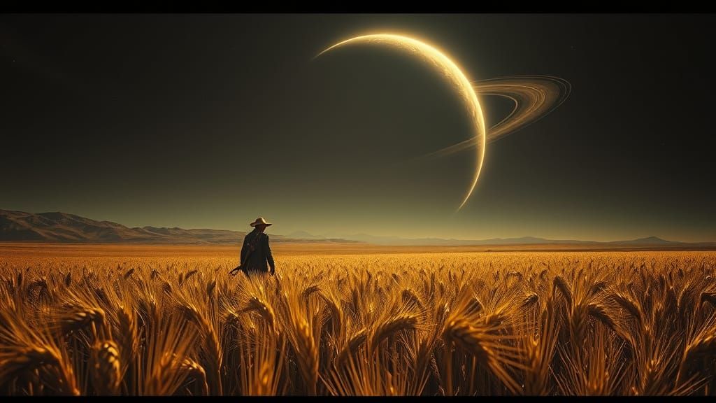 Alien Wheat Harvest Under Ringed Planet