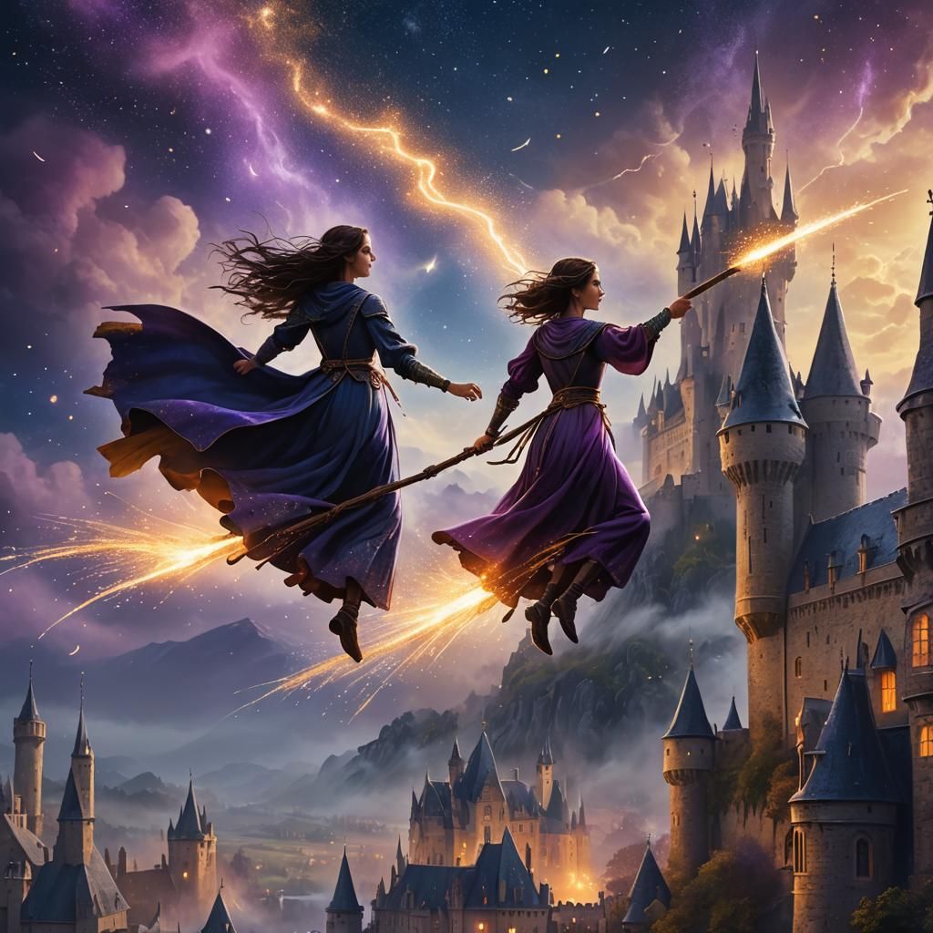 Fantasy Woman Flies to Gothic Castle, Digital Art