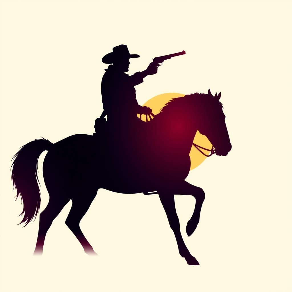 Psychedelic Cowboy Silhouette on Horse with Revolver