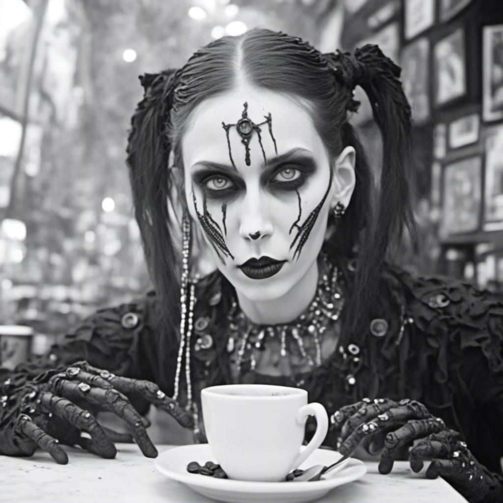 Goth Fashion Model in Black and White Coffee Shop