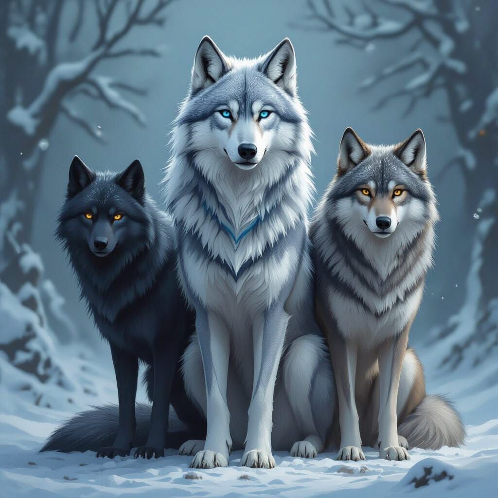 Three Confident Wolves in Detailed Matte Painting Style