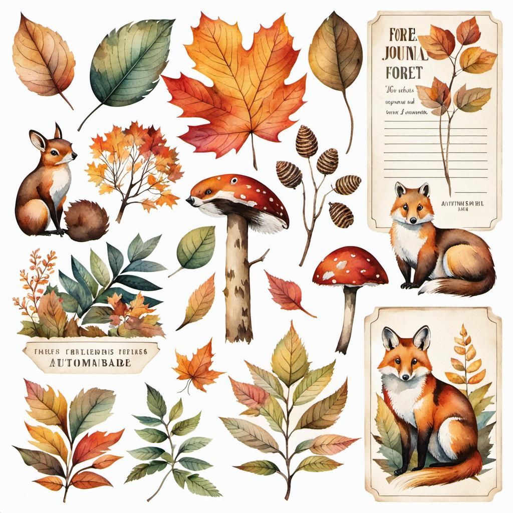 Autumn Forest Animals Ephemera Watercolor Stickers