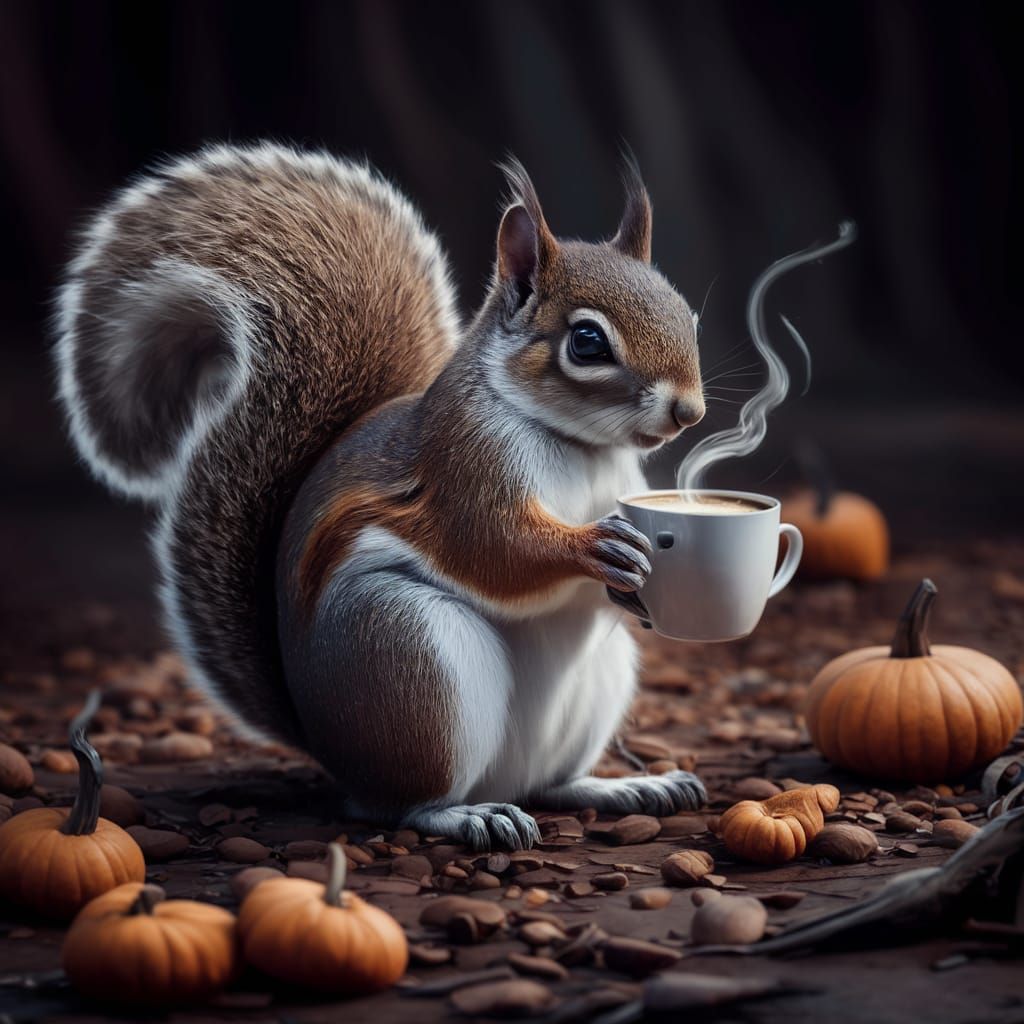Squirrel Drinking Pumpkin Spice Coffee: Detailed Matte Paint...