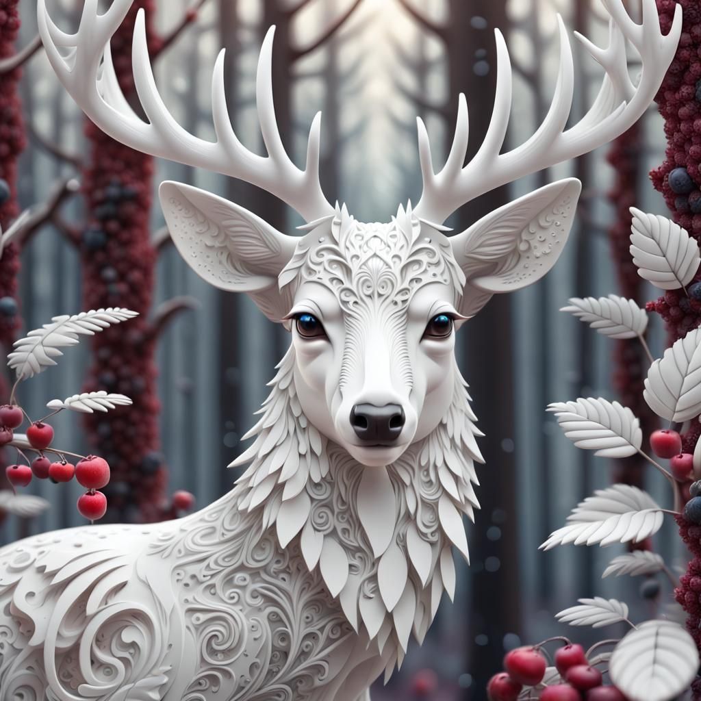 White Deer in Scandinavian Forest: 3D Portrait